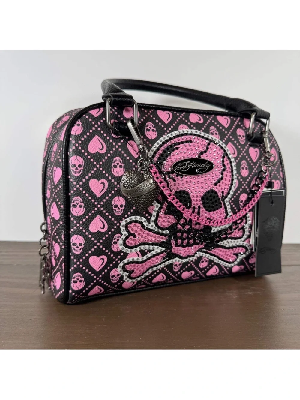 Ed Hardy Black and Pink Rhinestone Skull Satchel